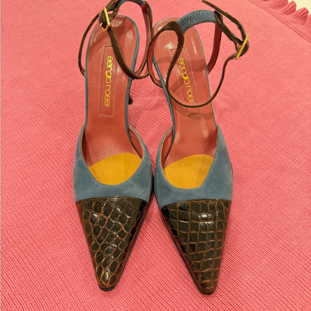 Sergio Rossi Blue and Brown Ankle Strap Heels